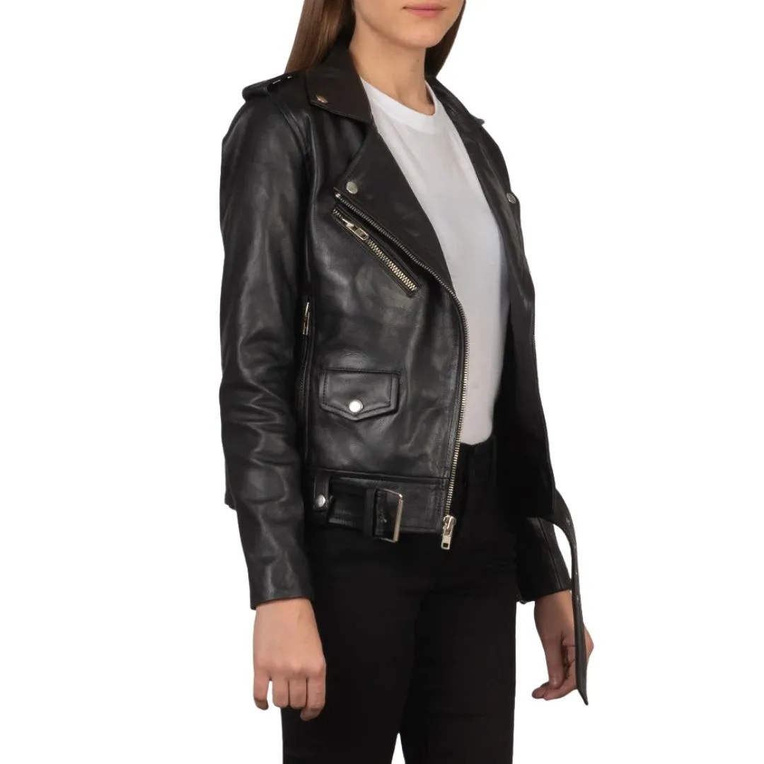 Black leather biker jacket side view