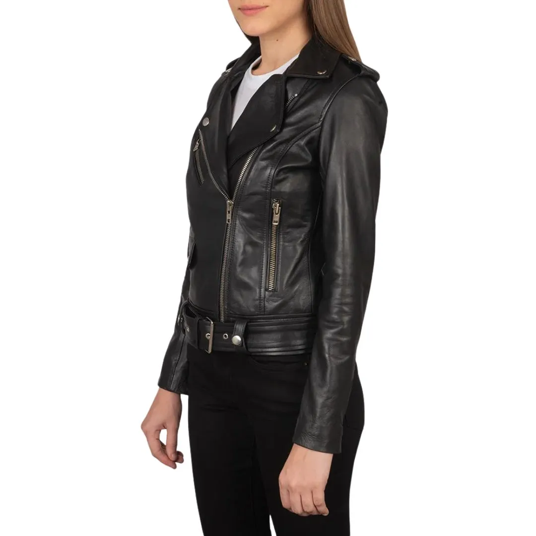 Black leather biker jacket zipper and coin pockets