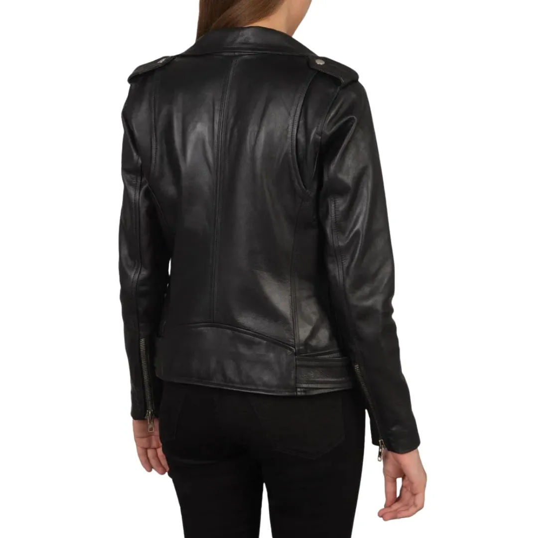Women's black leather biker jacket back view
