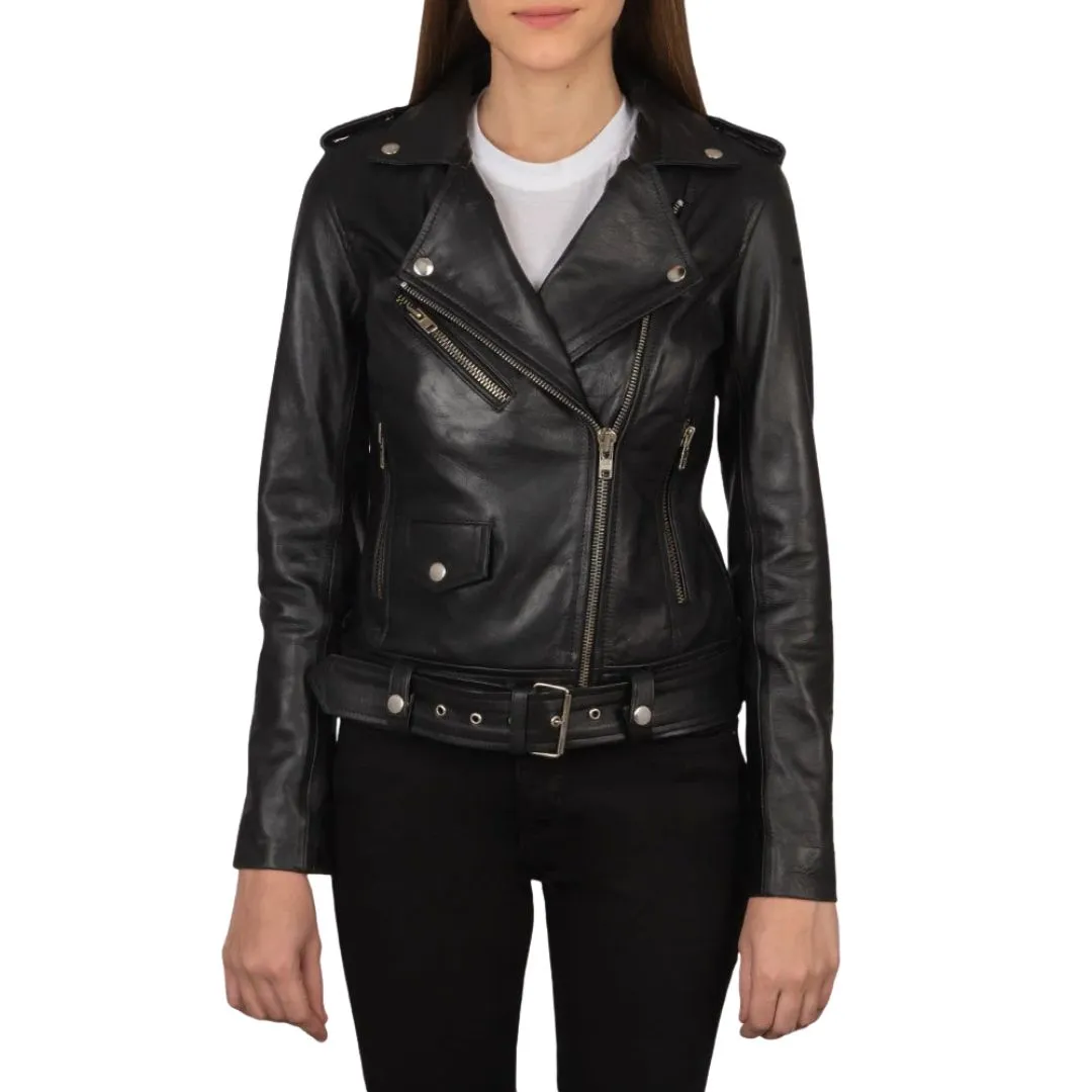 Black leather biker jacket for women