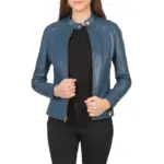 Blue leather biker jacket for women