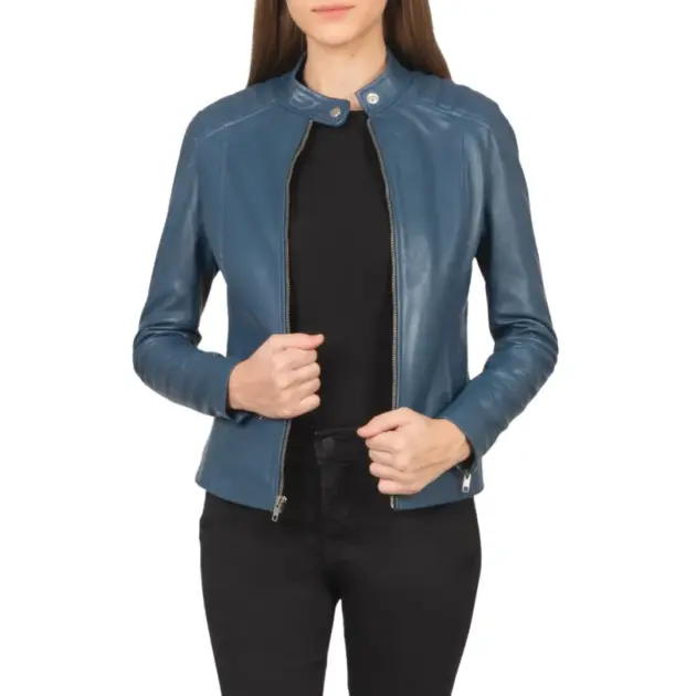 Blue leather biker jacket for women