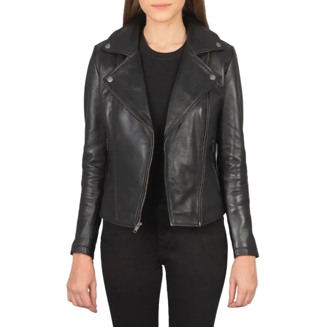 Women's Flashback black leather biker jacket front view