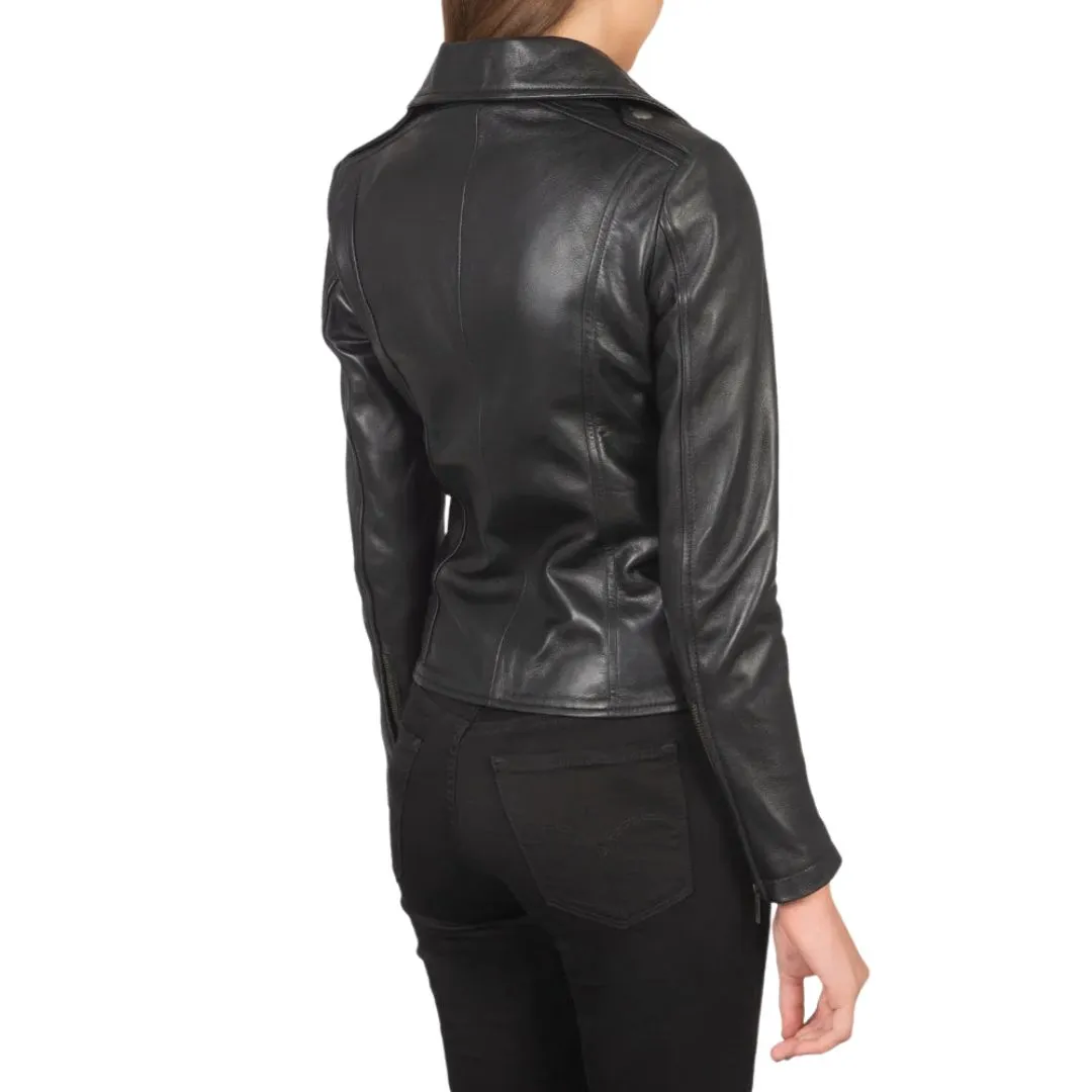 Flashback black sheepskin leather biker jacket back view