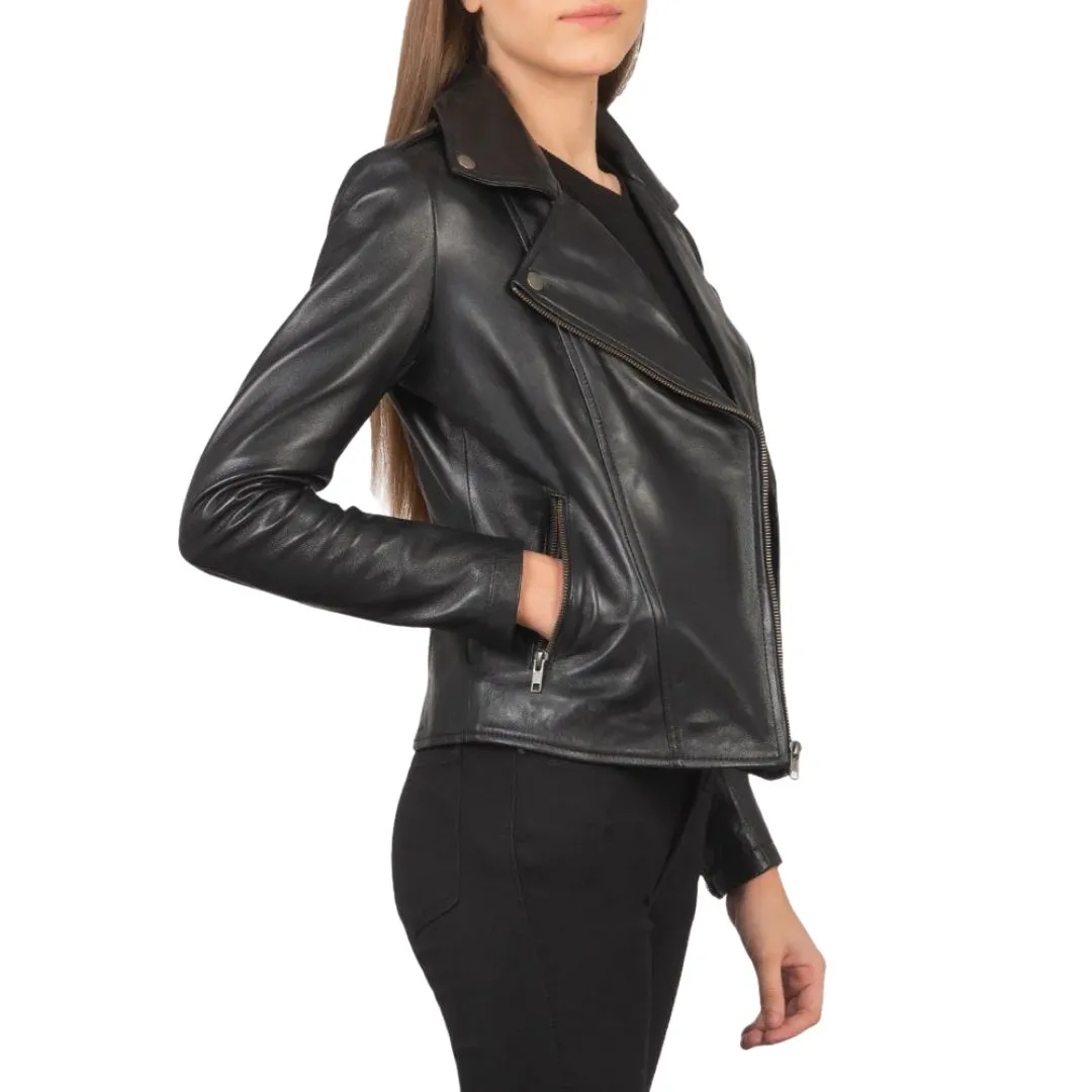 Women's black leather biker jacket side view