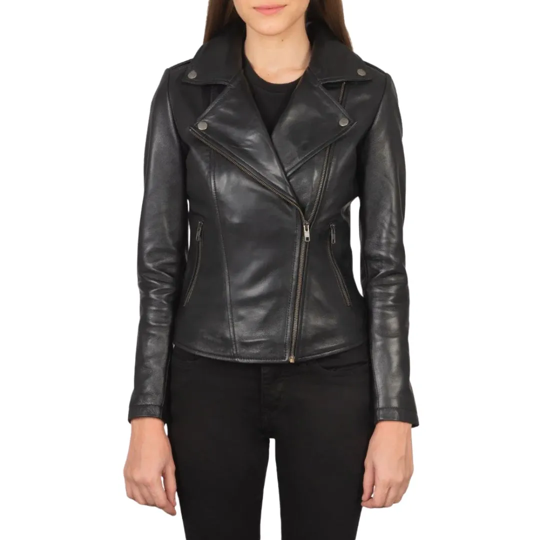 Flashback black leather biker jacket for women