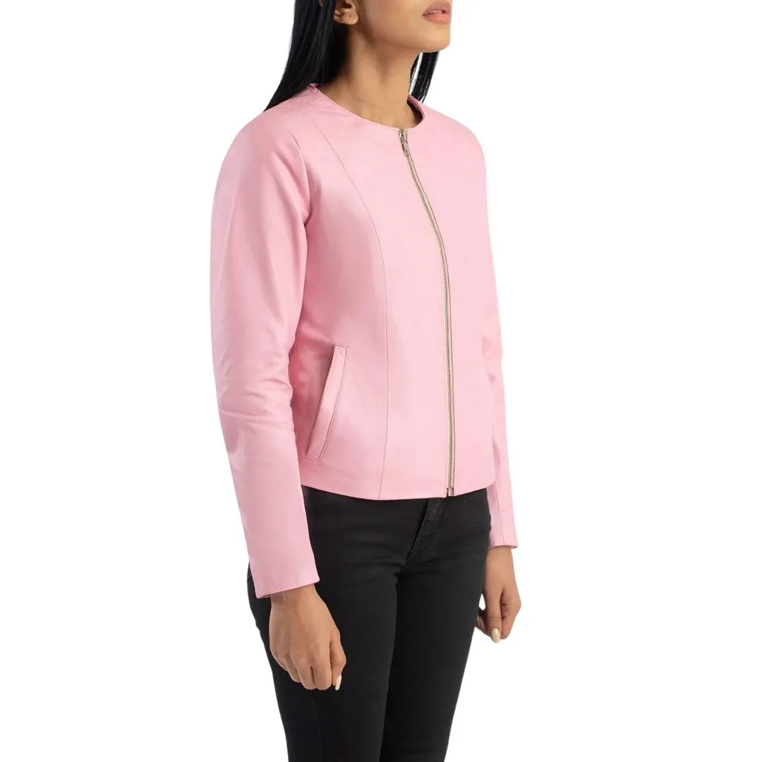 Women's pink leather jacket side view