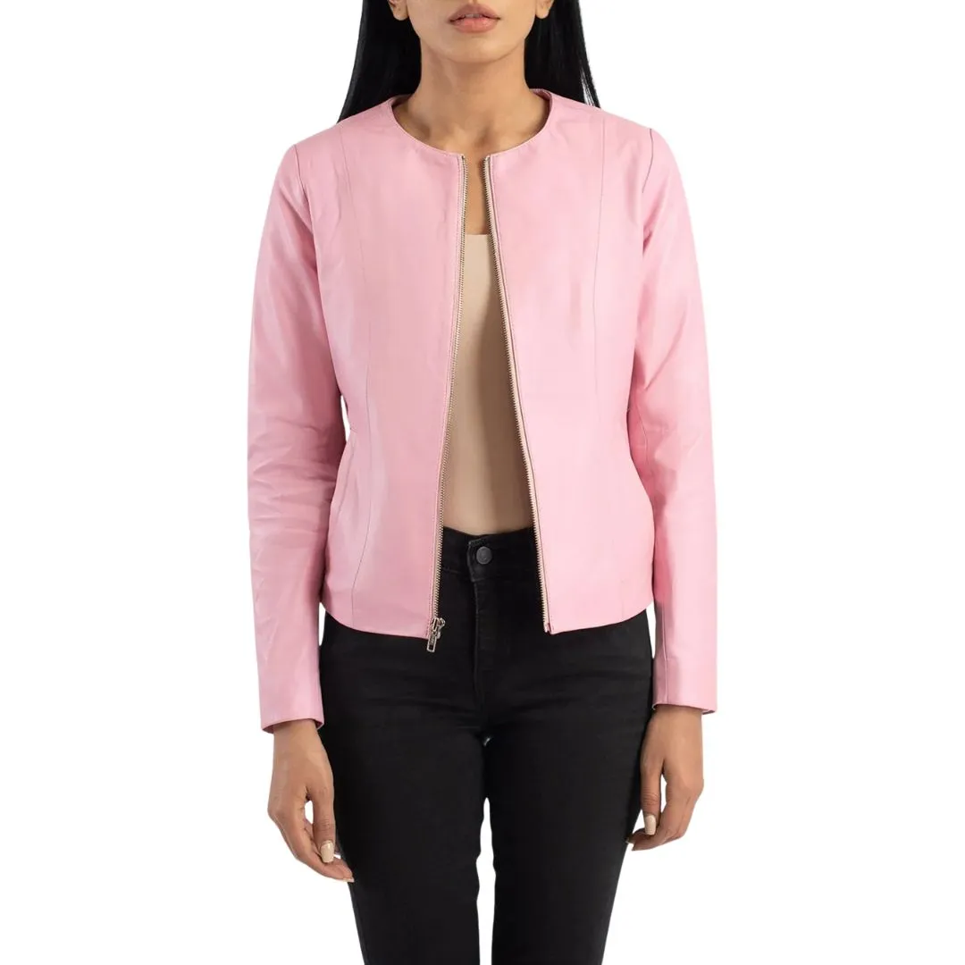Pink collarless leather jacket for women
