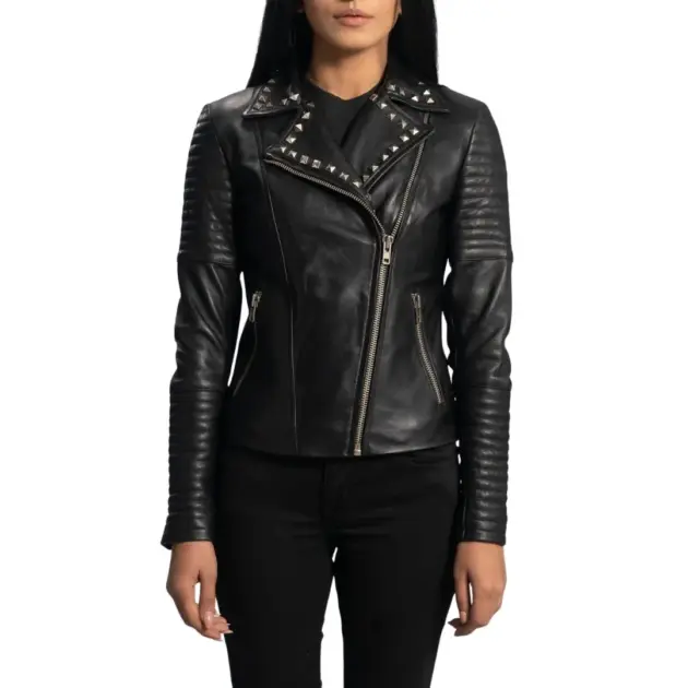 Studded black leather biker jacket for women
