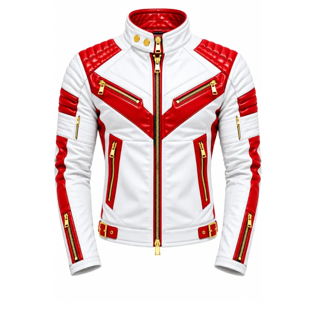 White Red Leather Biker Jacket front view with gold zippers