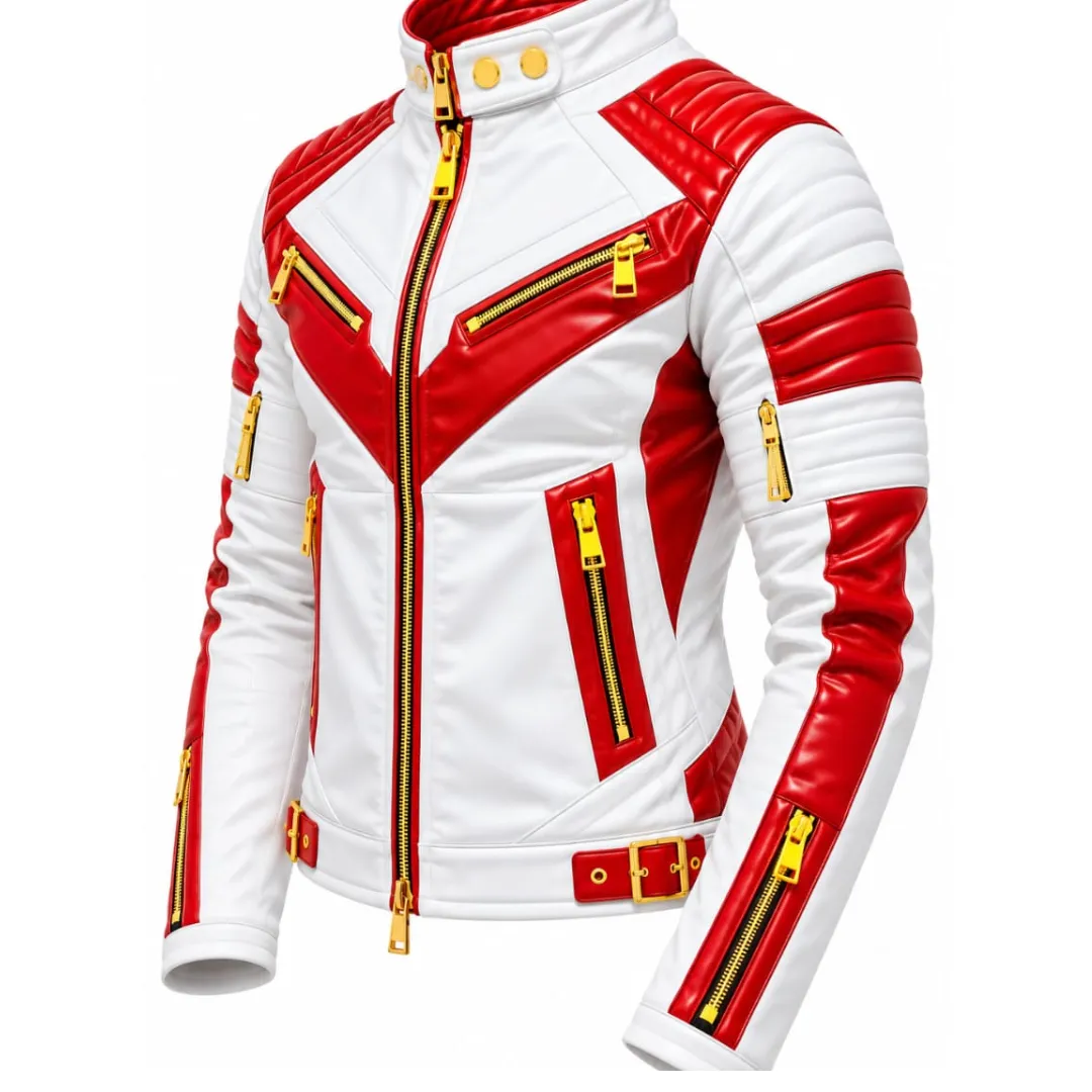 White Red Leather Biker Jacket right angle with gold zippers