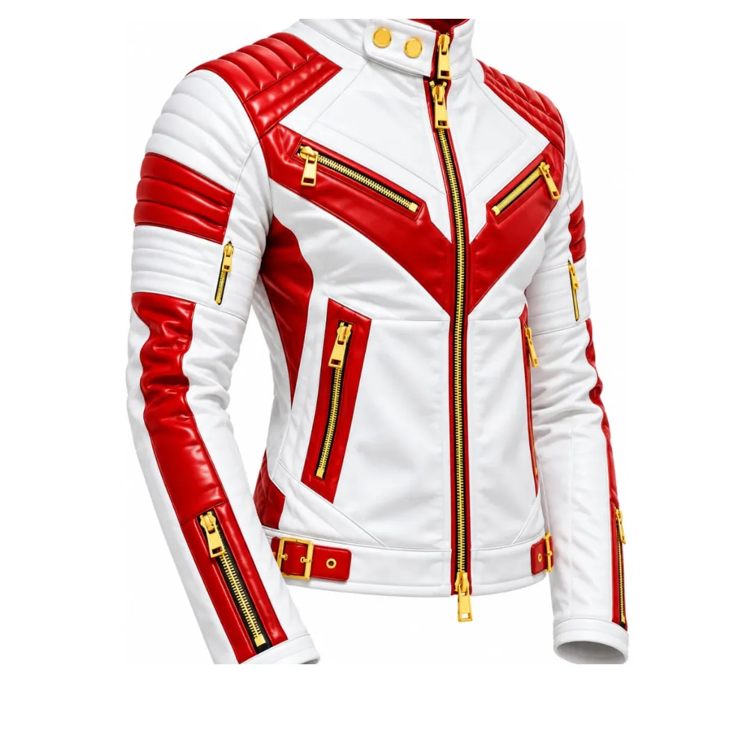 White Red Leather Biker Jacket left angle with gold hardware