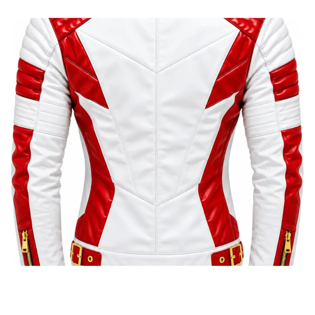 White Red Leather Biker Jacket back view with red panels