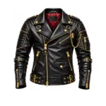 Black leather biker jacket front view with gold zippers