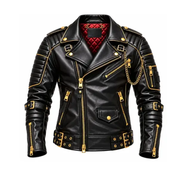Black leather biker jacket front view with gold zippers