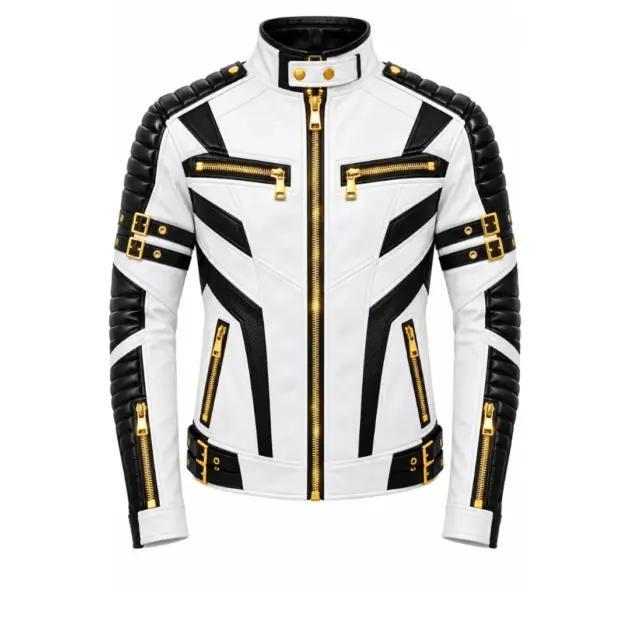White black leather biker jacket with gold zippers and buckles front view