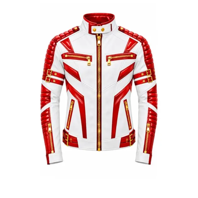 White and red leather biker jacket front view with gold zippers and quilted sleeves