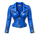 Women’s blue leather biker jacket front view with quilted sleeves and gold zippers