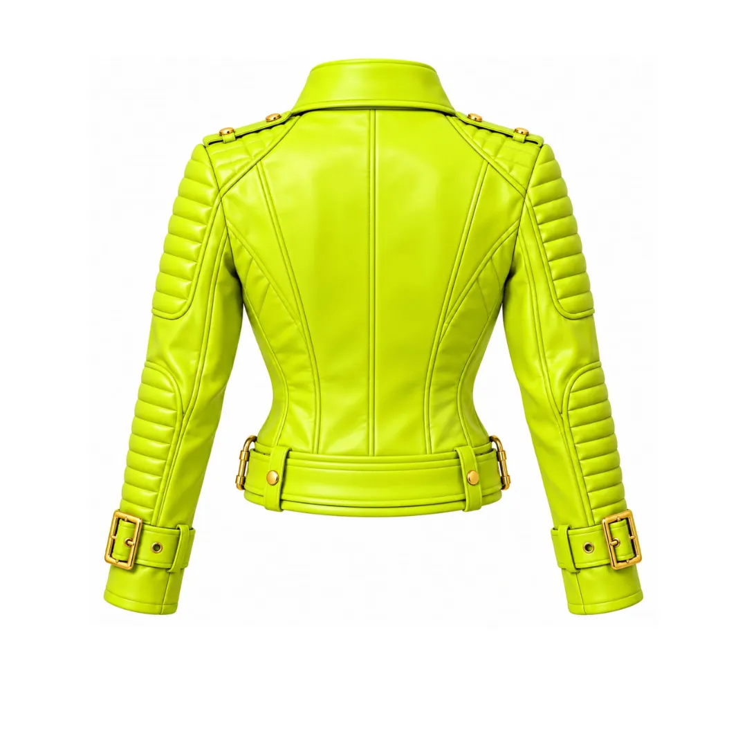 women neon green leather biker jacket quilted shoulders