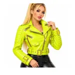 neon green leather biker jacket for women front view