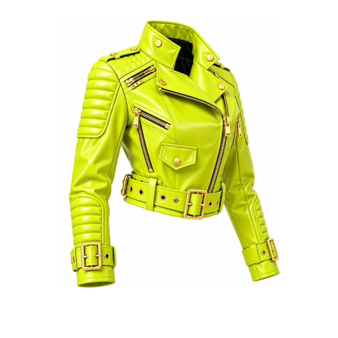 women neon green leather motorcycle jacket side front view