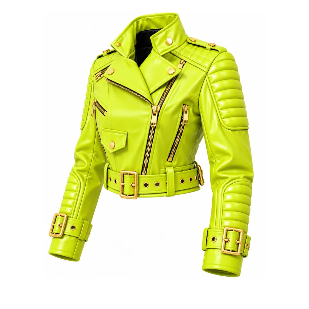 neon green leather biker jacket women back view