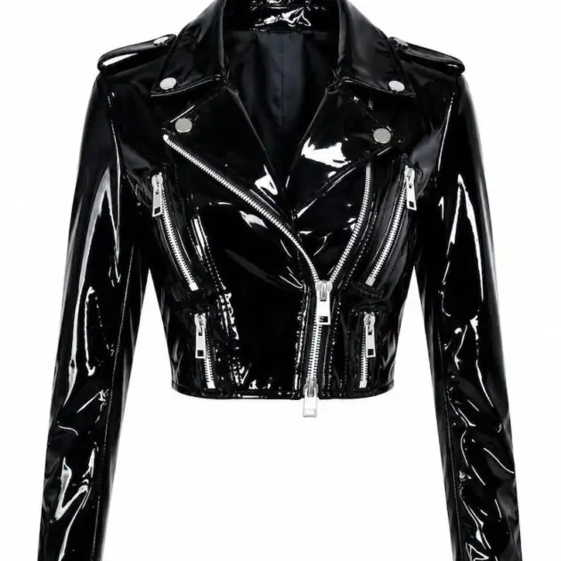Women's cropped black PVC biker jacket front view