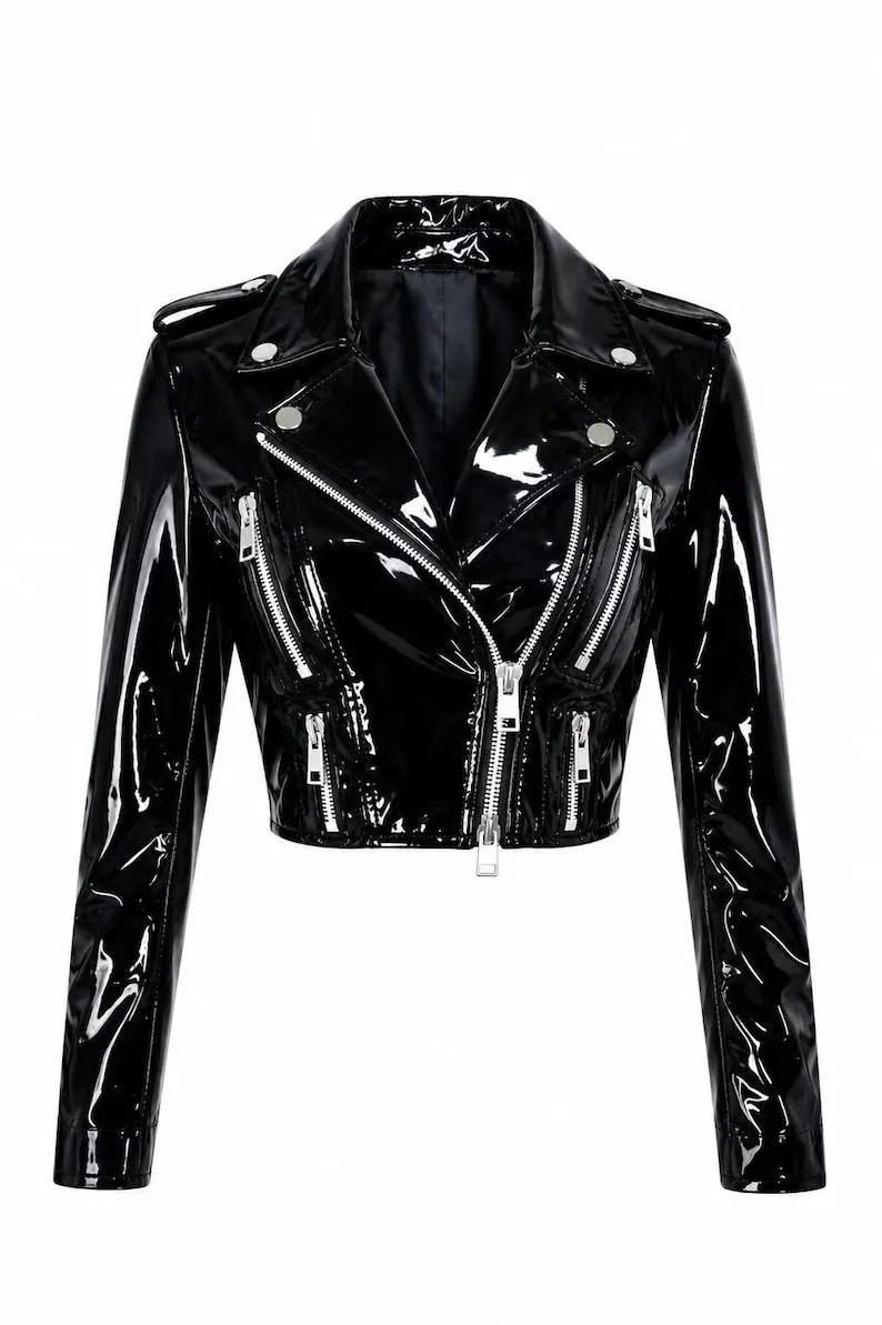 Women's cropped black PVC biker jacket front view