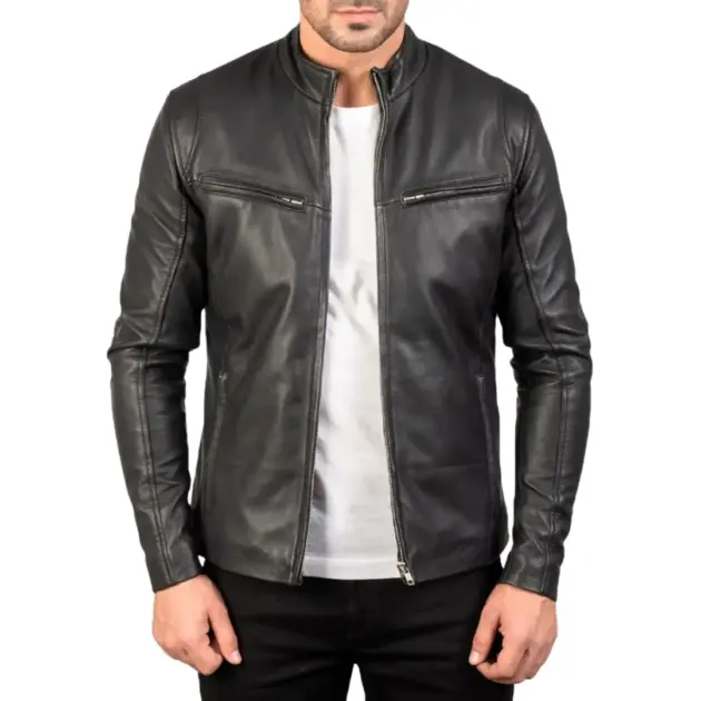 Black aniline leather cafe racer jacket