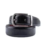 Black and brown dotted leather belt with metallic buckle