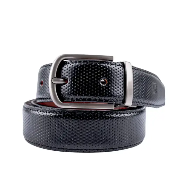 Black and brown dotted leather belt with metallic buckle