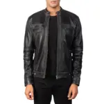 Black button cuff leather biker jacket