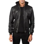 Black cowhide leather bomber jacket