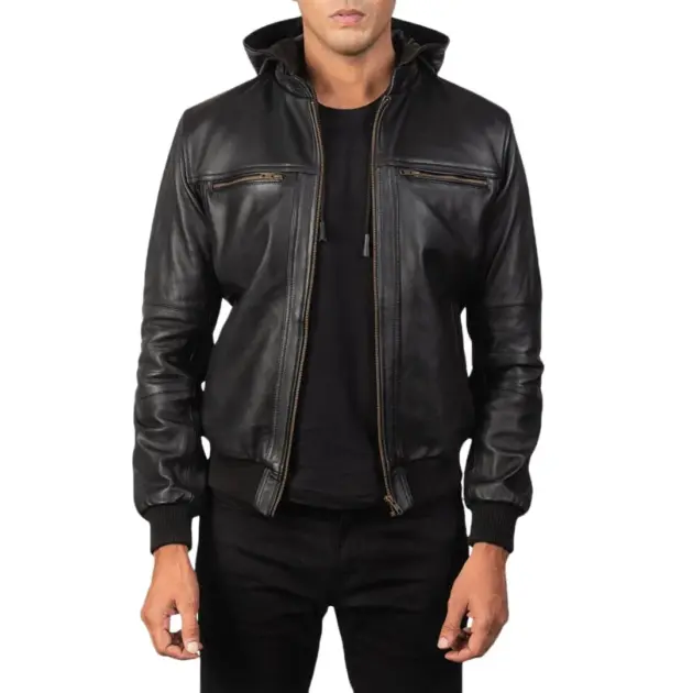Black cowhide leather bomber jacket