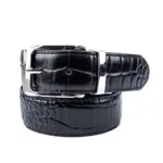 Black croc pattern leather belt with silver-tone buckle