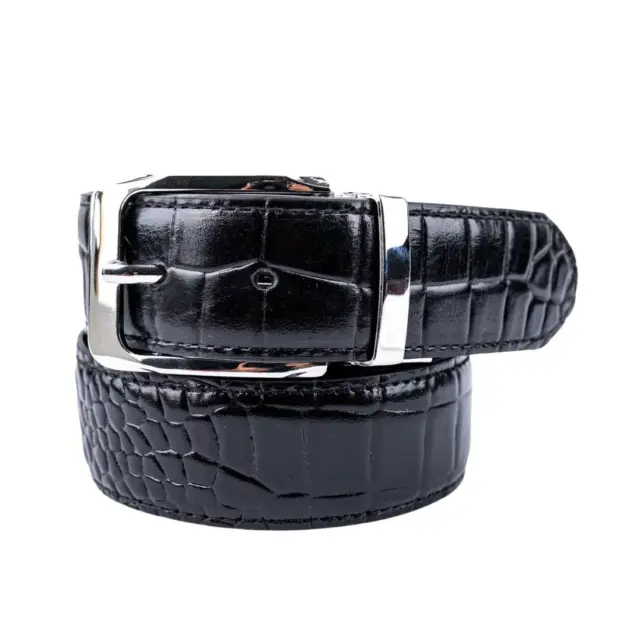 Black croc pattern leather belt with silver-tone buckle