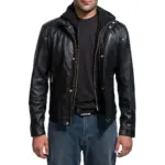 Black detachable hood leather jacket