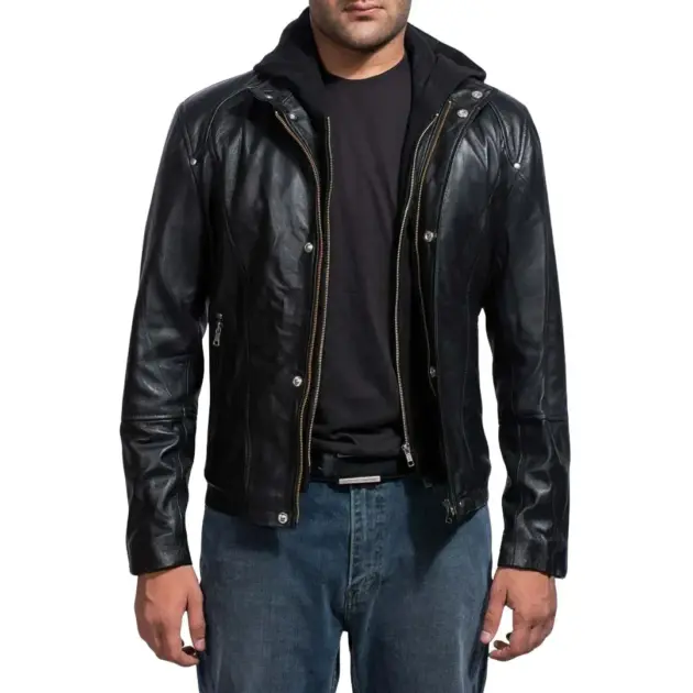 Black detachable hood leather jacket