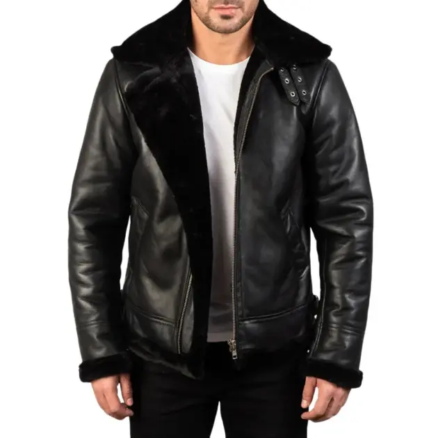 Black faux fur lined aviator jacket