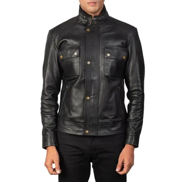 Black flap front leather biker jacket