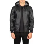 Black fleece lined hooded leather jacket