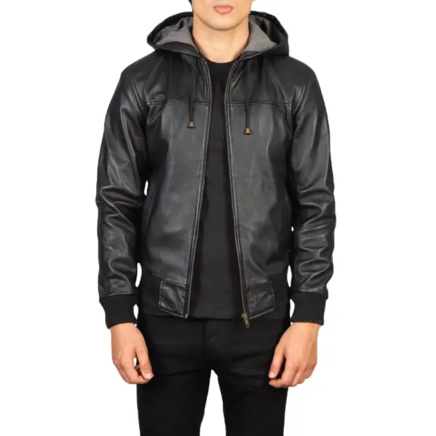 Black fleece lined hooded leather jacket