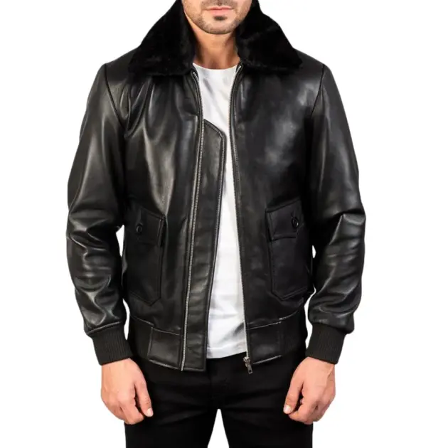 Black fur collar leather bomber jacket
