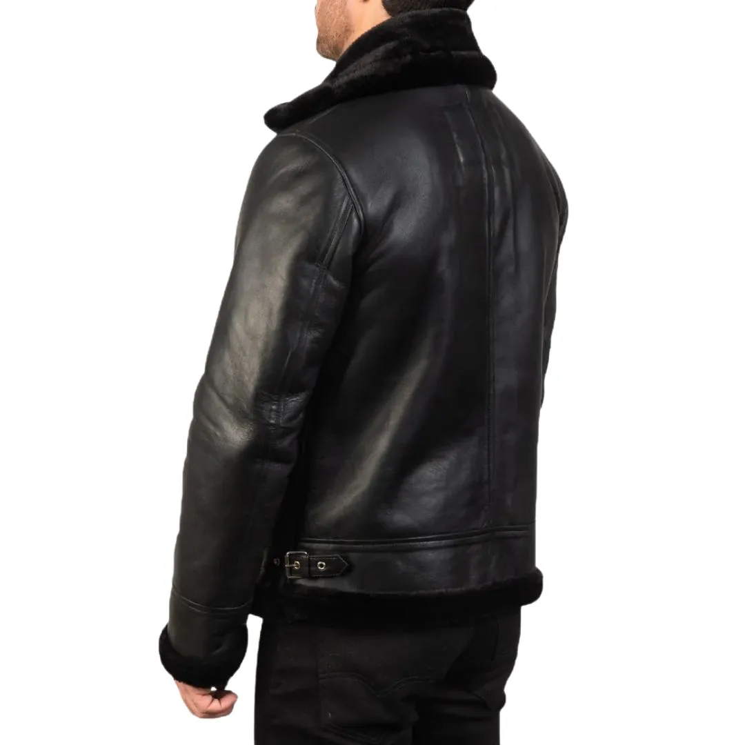 Men's Black Faux Fur Lined Leather Aviator Jacket - Image 3