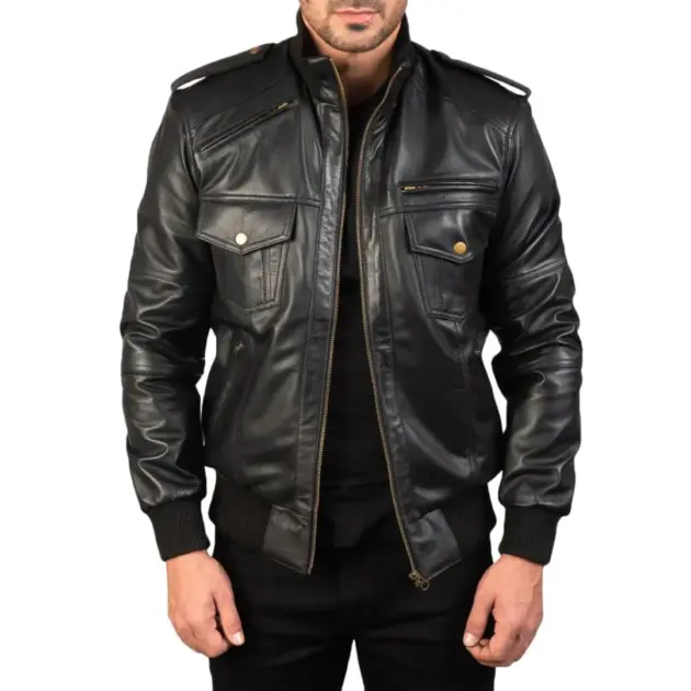 Black high neck leather bomber jacket