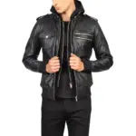 Black hooded leather bomber jacket