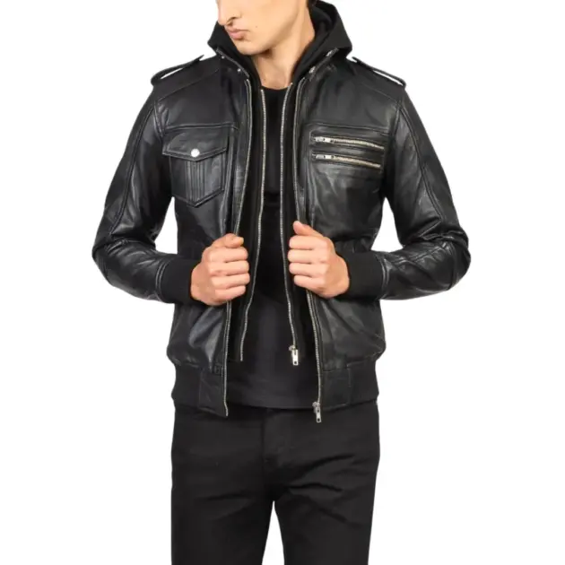 Black hooded leather bomber jacket
