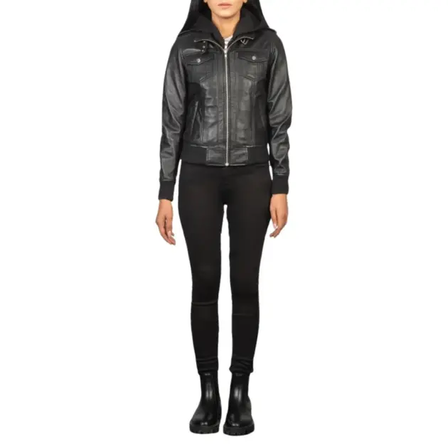 Women's black hooded sheepskin leather bomber jacket