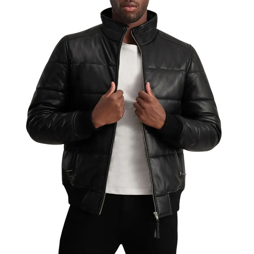 Black leather puffer bomber jacket