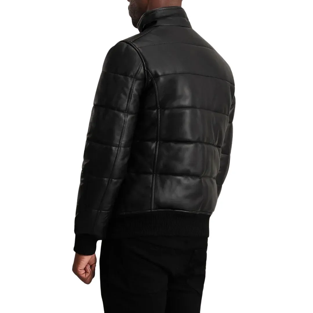 Men's Black Leather Puffer Bomber Jacket - Image 3